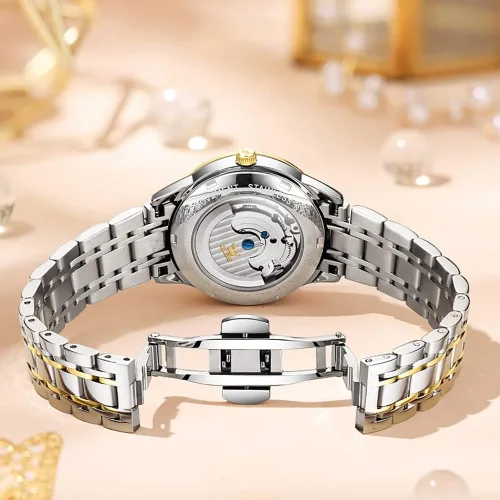 Vista 3 de OLEVS Reloj automático para mujer, de lujo, con cuerda automática, de diamante, de acero inoxidable, de fase lunar, impermeable, esfera azul luminosa