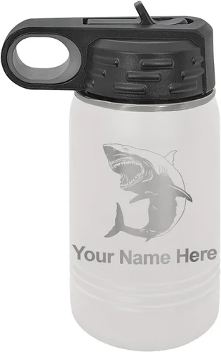 Vista 11 de LaserGram Botella de agua personalizada, gran tiburón blanco, acero inoxidable de doble pared aislada al vacío con popote superior, regalo grabado