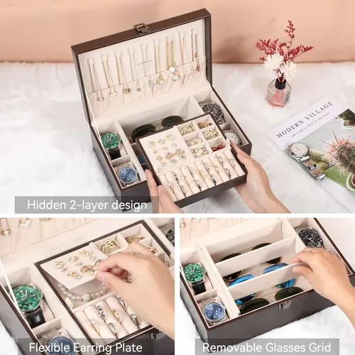 Vista 2 de LANDICI Joyero organizador para mujeres y niñas estuche grande de 2 capas para hombres con bandeja extraíble soporte de almacenamiento de joyas