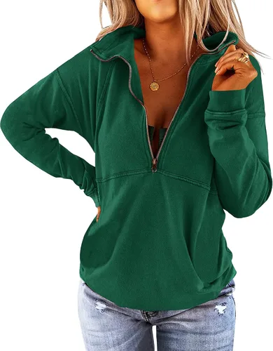 Vista 10 de Floral Find Women's Long Sleeve Lapel Half Zip Up Sweatshirt Solid Stylish Loose Fit Casual Pullover Tops B-Azul marino