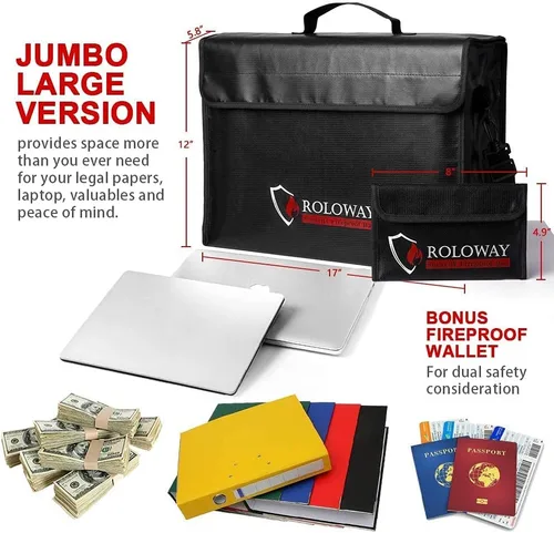 Vista 5 de ROLOWAY Bolsa grande ignífuga negra con pequeña bolsa ignífuga y bolsas de dinero ignífugas (paquete de 2)