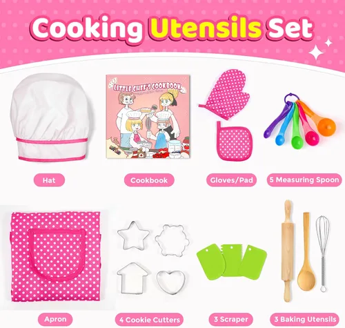 Vista 3 de Toyze Regalos para niñas de 3 a 8 años, juego de cocina para niños con delantal, sombrero de chef, libro de cocina, 20 unidades, color rosa