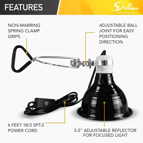 Vista 5 de Simple Deluxe - Lámpara de abrazadera para reptiles con cúpula y reflector de aluminio de 5.5 pulgadas, adecuada para hábitats de terrarios