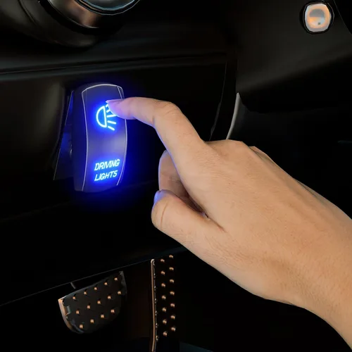 Vista 4 de Interruptor basculante de luces de conducción, SPST interruptor de palanca grabado con láser de 5 pines con LED azul y cables de puente, 12 V/24 V