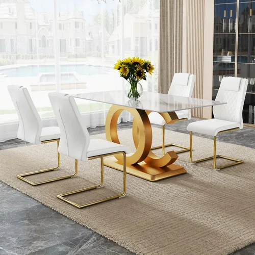 Vista 11 de Ebullient Juego de Mesa de Comedor Moderno para 4, Juego de 5 Piezas de Mesa de Comedor y Sillas para 4, Tablero de Mesa de Mármol PDLB y Base