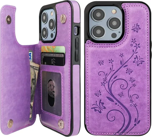 Vista 10 de Vaburs Funda compatible con iPhone 14 Pro con tarjetero y diseño de mariposa en relieve, de piel sintética, doble botón, funda protectora a prueba