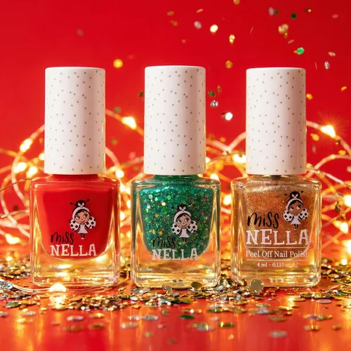 Vista 3 de MISS NELLA Brillo navideño: sin olor, base de agua y seguro para niños, paquete de 3 esmaltes de uñas verde (brillantina), rojo y dorado