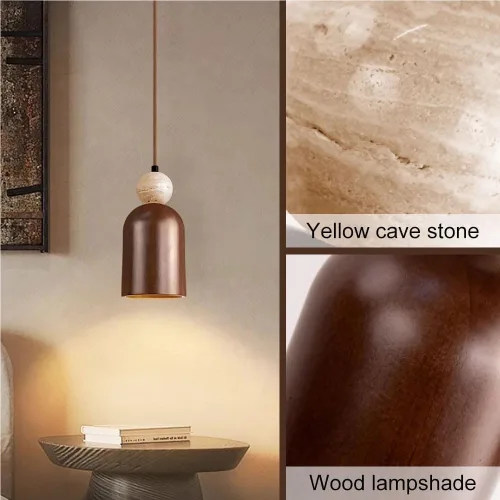 Vista 5 de Nordic Retro Bedside Pendant Light Modern Solid Wood Shade Hanging Lamp with Travertine Accents 78.8IN Adjustable Cord Chandelier for Dining Room