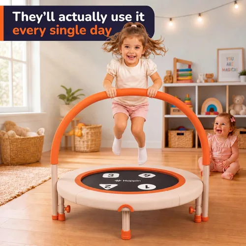 Vista 2 de Happin® 36'' Toddler Trampoline Indoor, Foldable Mini Trampoline for Kids Ages 2-6, ASTM Certified, Adjustable Handle, Safety Pad for Indoor &