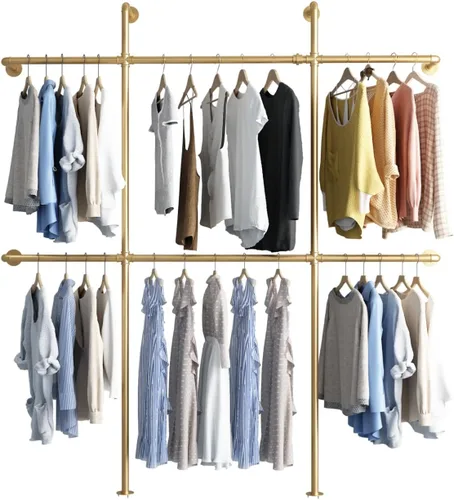 Vista 7 de Perchero de ropa de tubería dorado montado en la pared, percheros industriales con 6 varillas para colgar, estantes de ropa resistentes