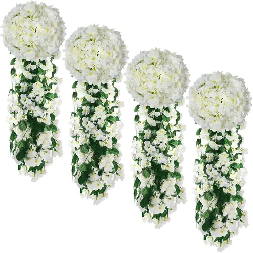 Vista 9 de XunYee Paquete de 4 flores artificiales colgantes para exteriores, plantas colgantes falsas de 5 pétalos de seda violeta, plantas de simulación