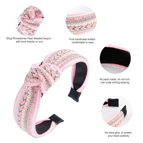 Vista 4 de TOBATOBA Diademas anudadas para mujer, paquete de 3 diademas con cuentas de perlas de diamantes de imitación, diademas bohemias con nudo superior