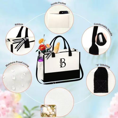 Vista 3 de AUNOOL Bolsa de playa con inicial con cremallera y bolsillos, regalos con monograma para mujeres, regalos personalizados para profesores, mamá