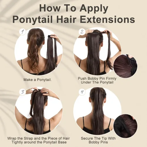 Vista 6 de RECOOL Extensión de cola de caballo de cabello humano negro natural envolvente con clip, extensiones de cabello humano Remy real, extensión de cola