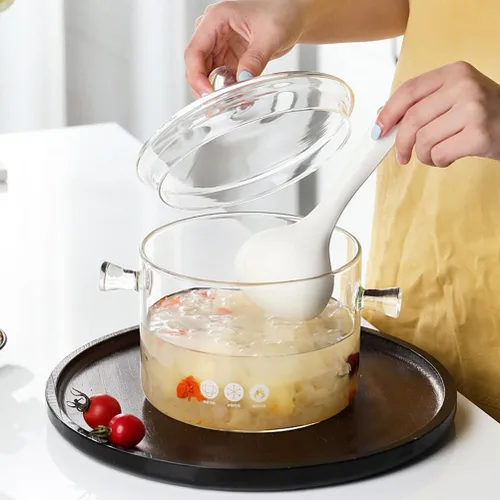 Vista 6 de GANAZONO Olla de cocina de vidrio con tapa, resistente al calor, olla de vidrio de borosilicato, olla de doble asa para cocina casera, cocina