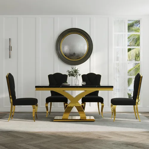 Vista 3 de Juego de 2 sillas de comedor de terciopelo negro y dorado, sillas de cocina tapizadas con respaldo alto con patas de acero inoxidable pulido, sillas