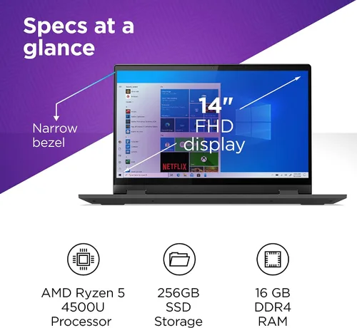 Vista 5 de Lenovo Laptop Flex 5, pantalla táctil FHD de 14.0 pulgadas, AMD Ryzen 5 5500U, 16 GB de RAM, 256 GB de almacenamiento, gráficos AMD Radeon, Windows