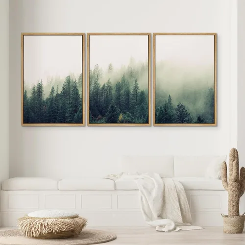Vista 444 de SIGNWIN Lienzo enmarcado para pared, juego de arte pastel con cadena montañosa, bosque, niebla, naturaleza silvestre, ilustraciones modernas, arte