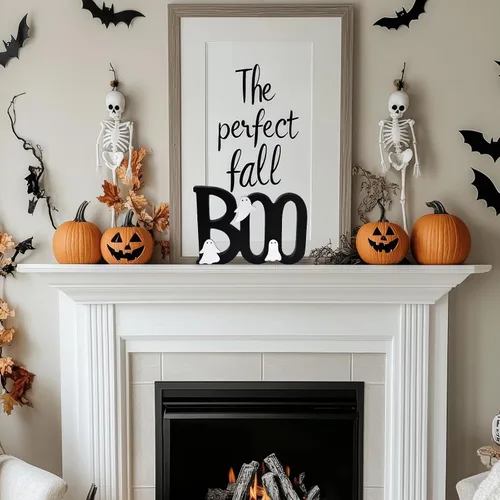 Vista 2 de Ovootok Wooden Boo Sign Halloween Table Decorations Cute Ghost Decor Indoor Halloween Decor Indoor 3-Layer Wooden BOO Sign with Cute White Ghosts