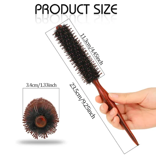 Vista 2 de Mozeat Lens Cepillo para el cabello, cepillo redondo pequeño de cerdas de jabalí con alfileres de nailon y mango de madera, cepillo para dar volumen