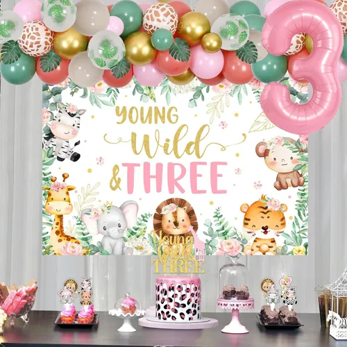 Vista 4 de Decoraciones de cumpleaños Young Wild y Three Birthday Girl – temática de safari en la selva Young Wild y tres telón de fondo para pastel con kit