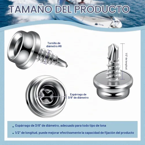 Vista 2 de Broches de Lona para Barco de Acero Inoxidable con Tornillo, Broches Metálicos para Cubierta de Barco, Casquillo de 3/8 Pulgadas con Tornillo