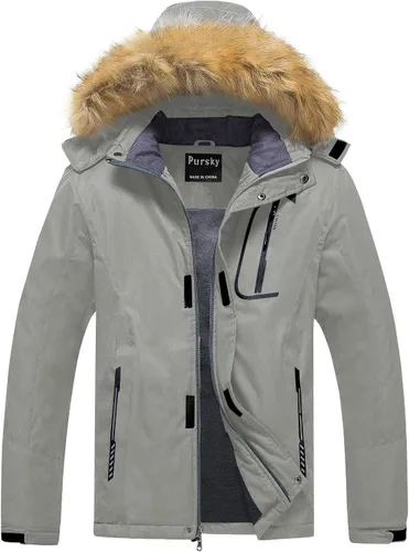 Vista 11 de Pursky Chaqueta de esquí impermeable para hombre, abrigos de nieve de invierno, abrigos con capucha de piel, parka
