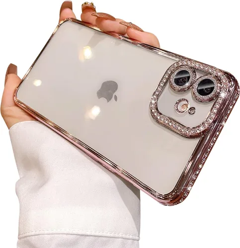 Vista 26 de Funda compatible con iPhone 11 Pro Max con protector de lente de cámara de diamante con purpurina, bonita funda de cristal transparente a prueba
