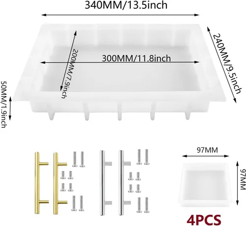 Vista 2 de Moldes de bandeja de resina de silicona, molde rectangular grande de 13.5 pulgadas para bandeja profunda y 4 moldes cuadrados de posavasos