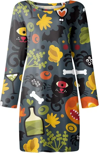 Vista 3 de Vestido de manga larga suelto con estampado de disfraces de Halloween para mujer
