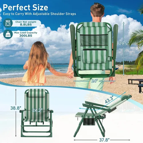 Vista 2 de Suteck Sillas de playa tipo mochila para adultos, paquete de 2, silla reclinable plegable de 6 posiciones con bolsa enfriadora y soporte para tazas