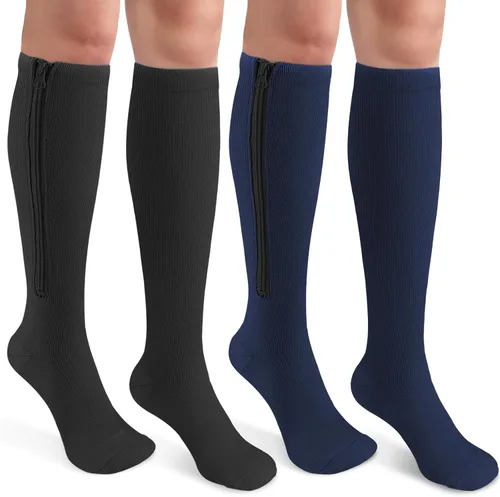 Vista 15 de CASMON 2 pares de calcetines de compresión con cremallera para mujeres y hombres, punta cerrada de 15 a 20 mmHg, calcetines de apoyo alto hasta