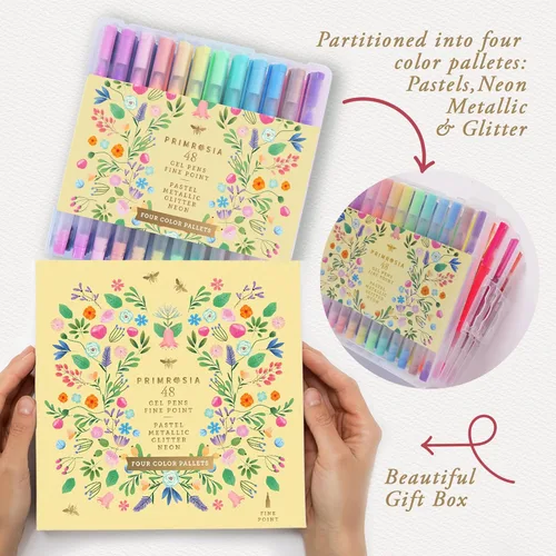 Vista 2 de Primrosia 48 bolígrafos de gel con purpurina, incluidos metálicos, pastel y fluorescentes, para libros de colorear y bolígrafos de diario