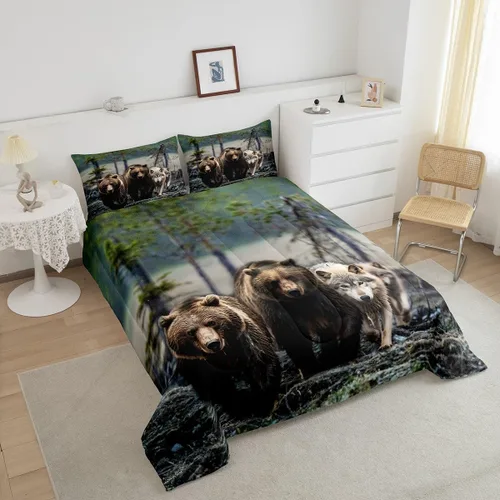 Vista 4 de Erosebridal Juego de edredón tamaño individual de animales del bosque, juego de ropa de cama de oso marrón para niños y niñas, edredón de plumón