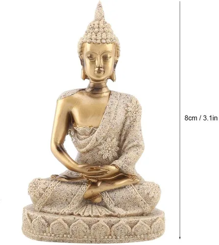 Vista 2 de Estatua de Buda, arenisca y resina, oro, mesa, hecho a mano, decoración de Buda