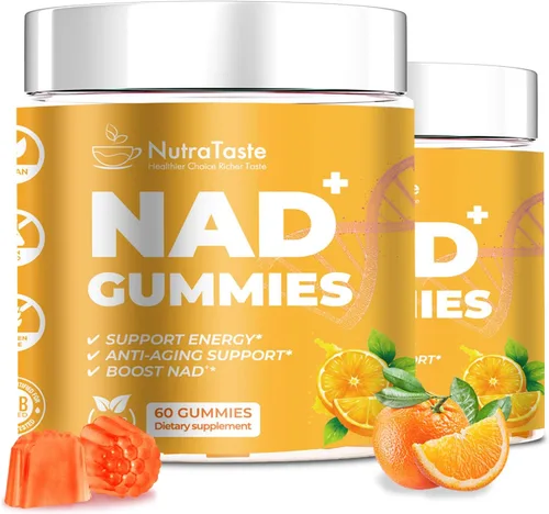 Vista 8 de Suplemento de gomitas NAD+, resveratrol y ribósido de nicotinamida, antienvejecimiento, energía y enfoque, sabor naranja, vegano, sin azúcar, 60