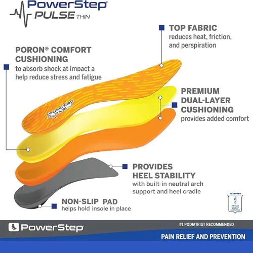Vista 3 de PowerStep Pulse Thin Orthotics, Arch Support Inserts, Pain Relief for Cleats & Tight Running Shoes, Insoles for Plantar Fasciitis Relief, Mild