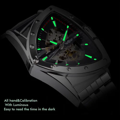 Vista 5 de FORSINING Reloj mecánico automático triangular Gold Shield esfera de gran tamaño diseño de esfera totalmente hueca movimiento automático correa