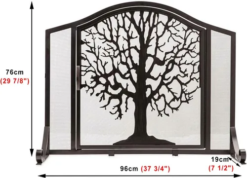 Vista 6 de ROYUMI Pantalla de chimenea en forma de árbol con herramientas, estufa de leña con puertas, accesorios de hierro forjado, cepillo, póker, pala