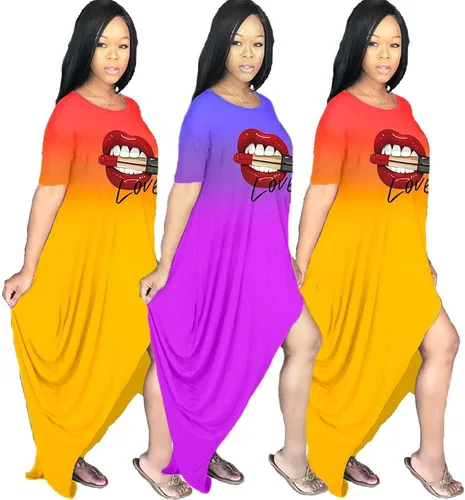 Vista 5 de Vestido de manga larga para mujer, sexy, con estampado de labios, cuello redondo, holgado, casual, irregular, vestido maxi de otoño