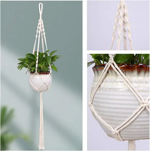 Vista 5 de Paquete de 4 macetas colgantes de macramé, hechas a mano con cuerda de algodón para interiores y exteriores con borlas, 4 estilos para colgar