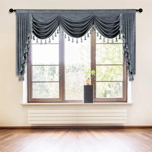 Vista 47 de ELKCA Cenefa de cortina de felpilla beige para ventana de sala de estar, cenefa de cascada para dormitorio, bolsillo para barra
