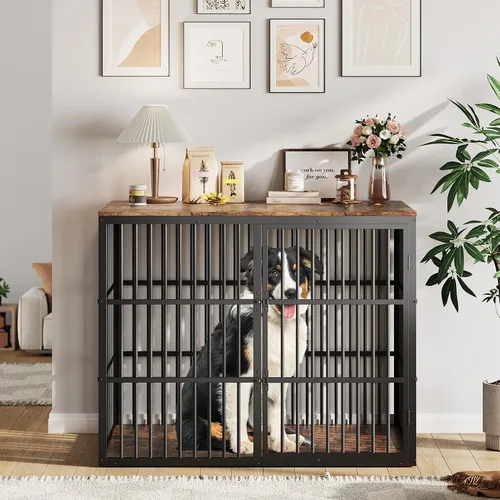 Vista 10 de Mueble de jaula para perros pequeños con ruedas, perrera de madera resistente de 2 puertas, para interiores, mesa auxiliar de jaula para perros