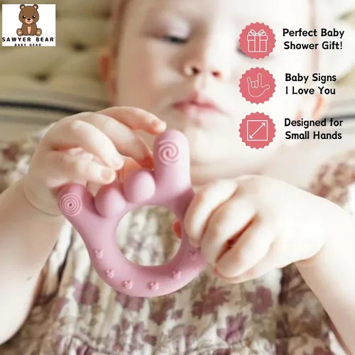 Vista 2 de Mordedor de mano de silicona – I Love You Baby Teething Toy 0-12 meses BPA – Alivio de la dentición para niños pequeños Mordedores masajeadores