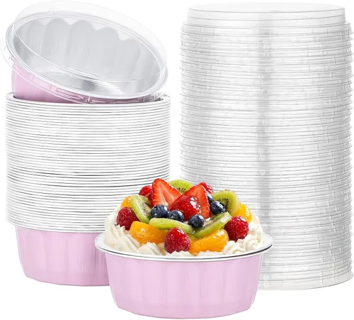 Vista 59 de Beasea Disposable Ramekins with Lids, 50 Pack 8oz 235ml Aluminum Foil Baking Cups with Lids, Aluminum Creme Brulee Ramekins Muffin Cupcake Pudding