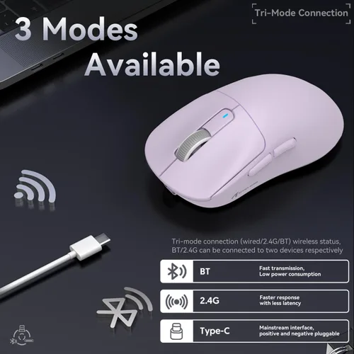 Vista 4 de ATTACK SHARK X3 - Mouse inalámbrico para juegos, mouse ergonómico de computadora de 1.49 onzas, sensor óptico PAW3395 de 26K DPI, batería de 200