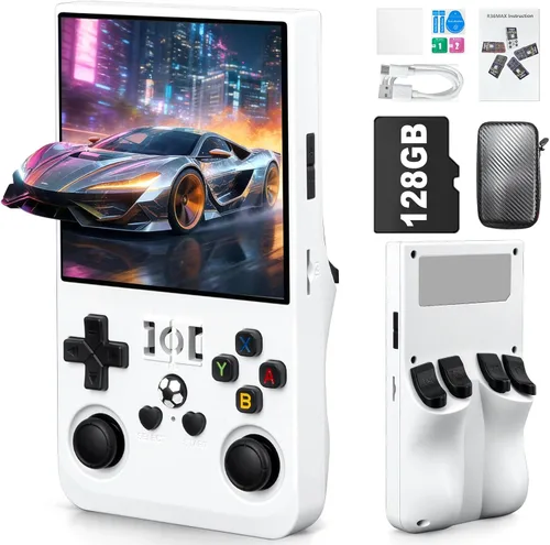 Vista 11 de R36MAX - Consola de juegos portátil, pantalla de 4.0 pulgadas, compatible con más de 22000 juegos clásicos, tarjeta TF de 128 G, consola portátil