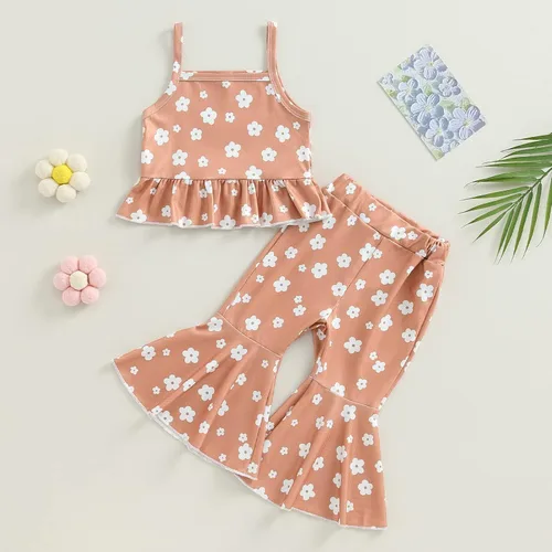 Vista 9 de Ropa de verano para bebé niña, sin mangas, estampado floral, correa acanalada, parte superior acampanada, pantalones de 2 piezas