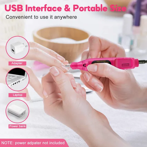 Vista 5 de Taladro de uñas eléctrico USB, lima de uñas portátil profesional, manicura y pedicura con 6 brocas de uñas, kit de herramientas de arte de uñas