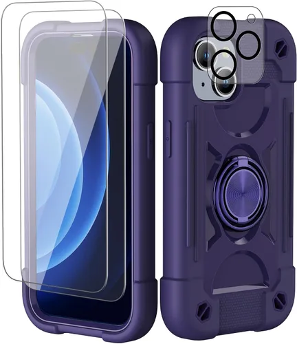 Vista 23 de Funda para iPhone 11 de 6.1 pulgadas con soporte de anillo, con 2 protectores de pantalla de vidrio, resistente a los golpes, resistente a